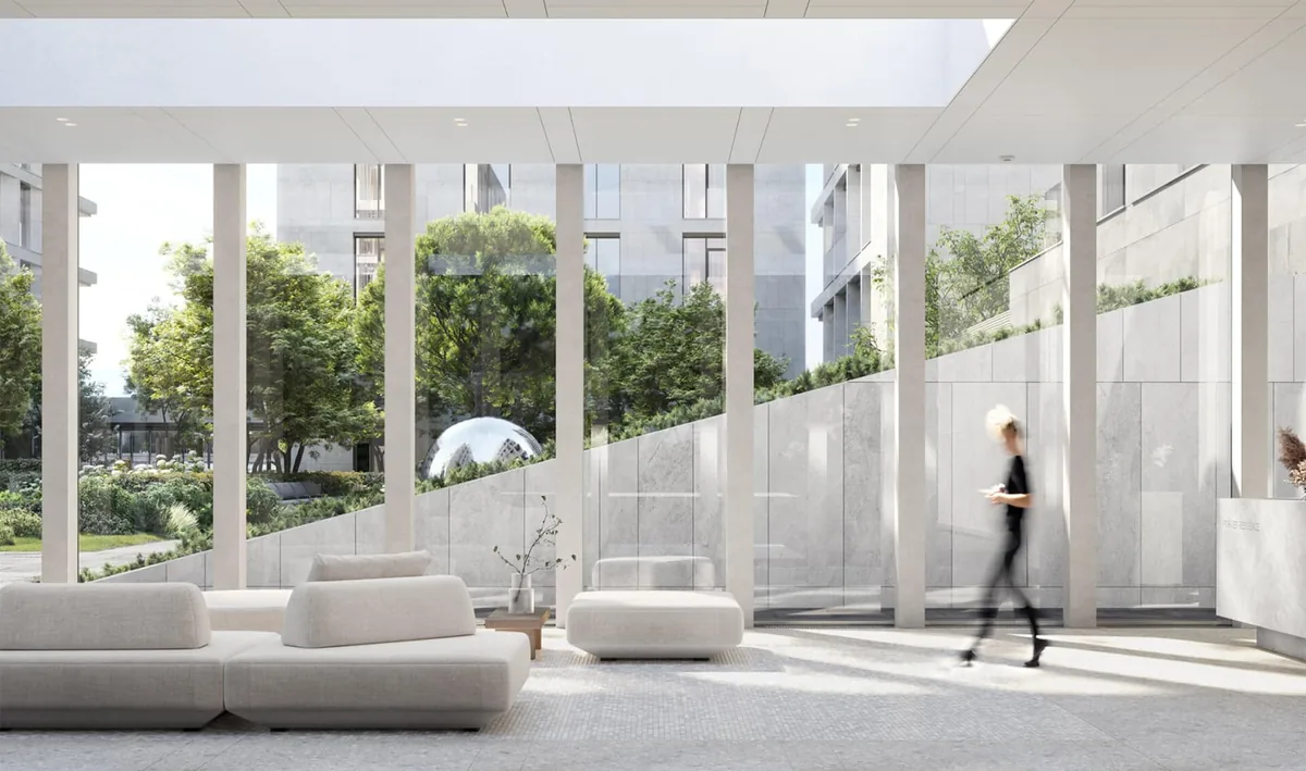 «Белая гостиная» — лобби корпуса Foriver Residence с отделкой терраццо